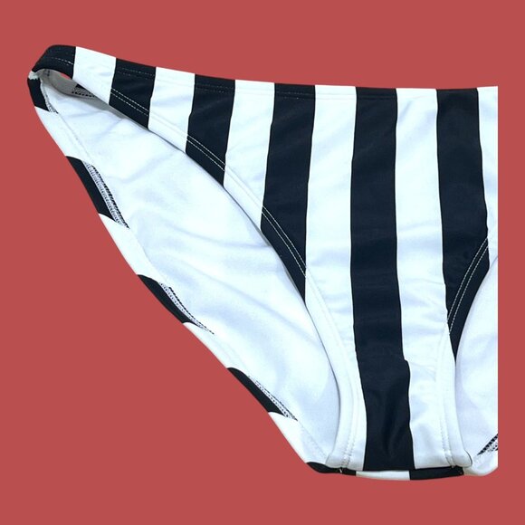 Shade & Shore-Women's Striped Medium Coverage Bikini Bottom-White/Black-L(12-14) - Picture 13 of 14